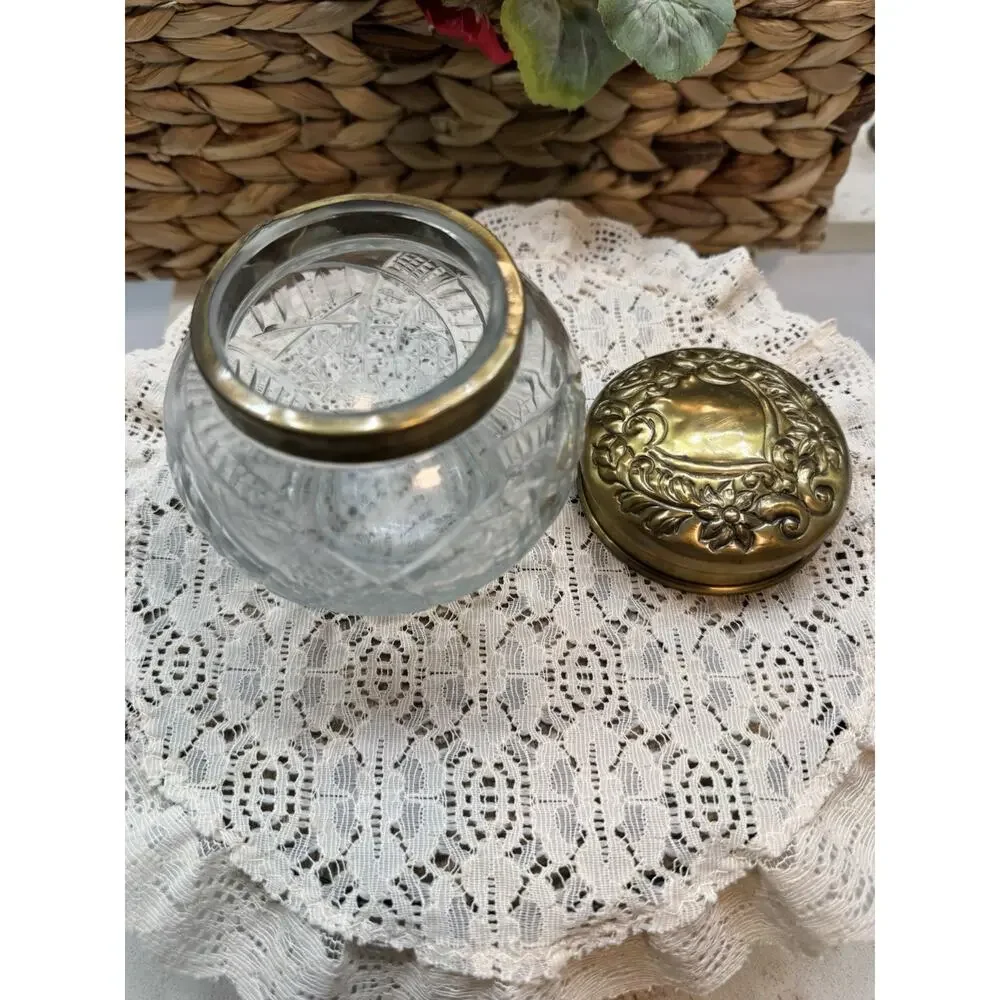 Decorative Small Round Glass Jar Brass Like Lid
